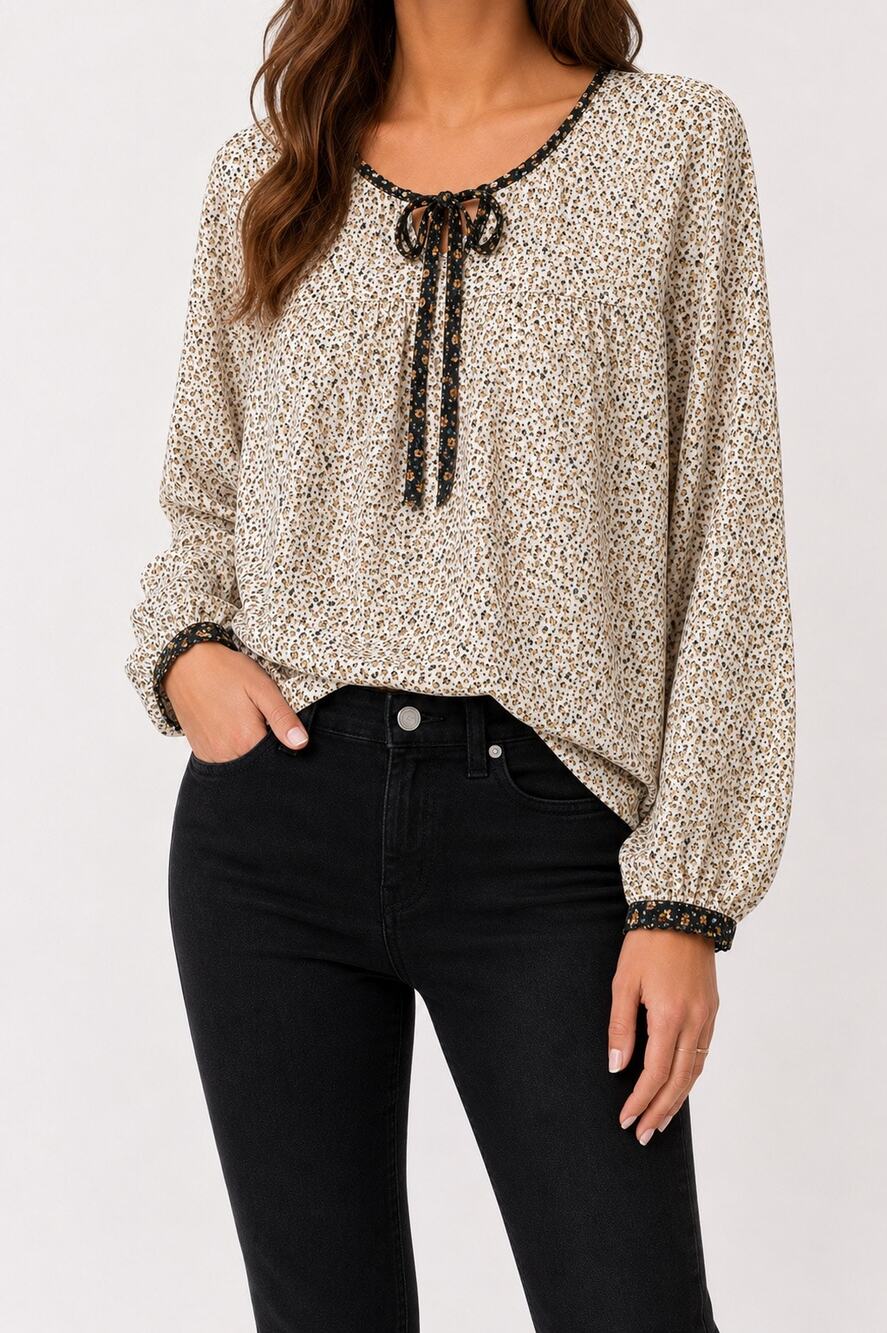 DOWNEAST Cream Floral Prairie Blouse Cottagecore Long Sleeve Keyhole Top Medium